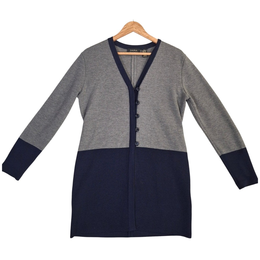 Dana Buchman Merino Wool Cardigan Sweater Grey Navy Colorblock Longline Womens M